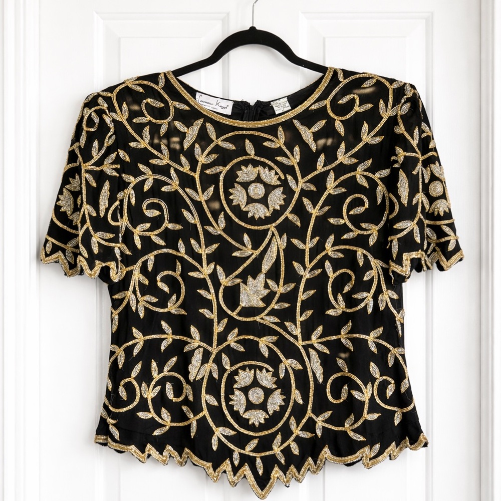 Vintage 1980s Laurence Kazar Black Silk Beaded Gold & Silver Floral Top Size: L‎